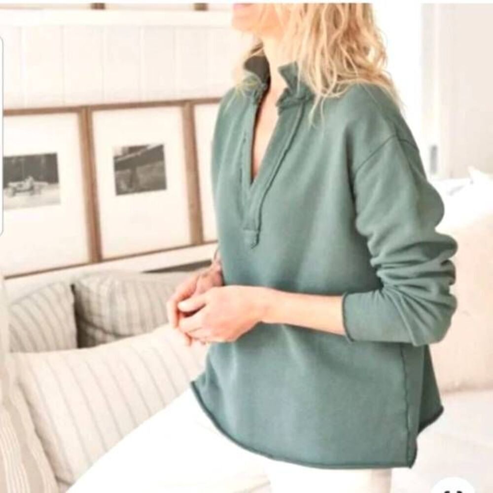 Frank & Eileen Patrick Popover Henley Collared Triple Fleece Sage Green Sz XS